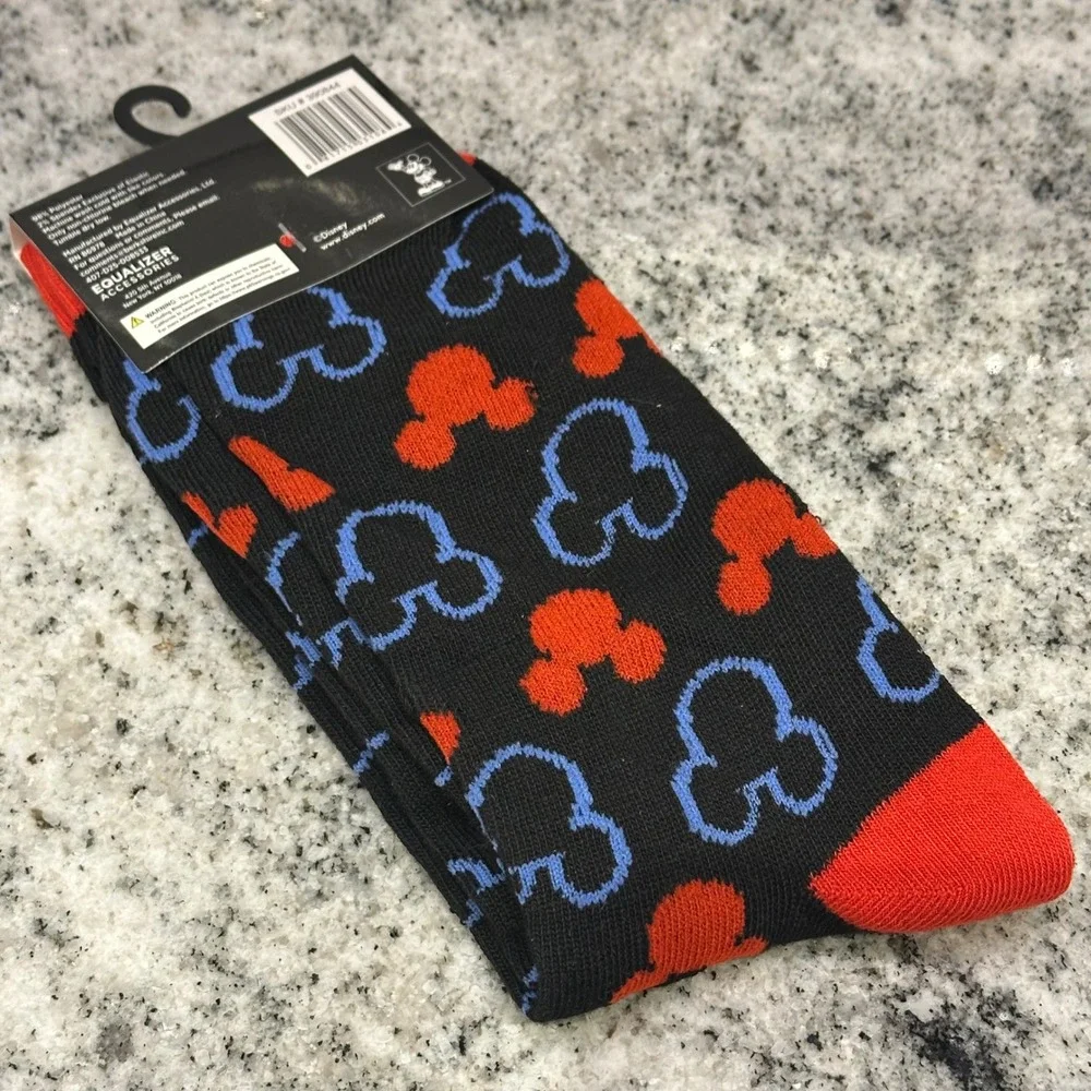 Disney Mens 9-13 Crew Socks Black Mickey Mouse Silhouette Red Blue‎ Novelty New